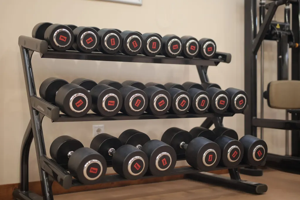 Three-tier rack of black dumbbells in a bright gym
